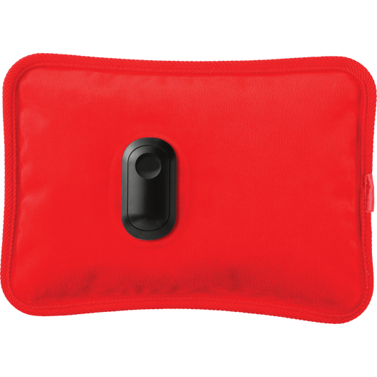 Elektra red hot water bottle with a black stopper for soothing warmth and comfort.