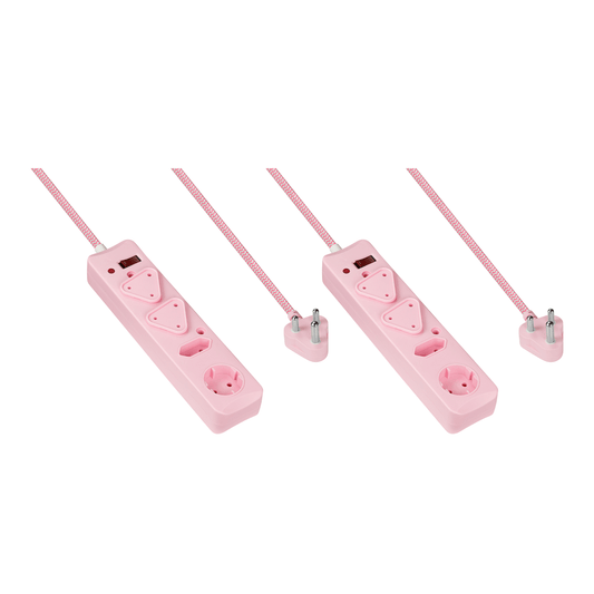 2x SWITCHED 4 Way Surge Multiplug 3M Braided Cord Pink