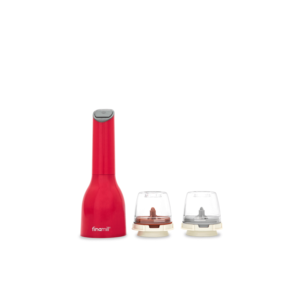 FINAMILL battery-operated grinder in Sangria red with two interchangeable grinding containers.