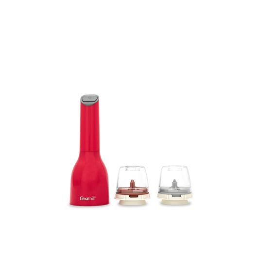 FINAMILL battery-operated grinder in Sangria red with two interchangeable grinding containers.