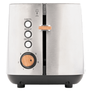 Boden Stark Anson 2 Slice Stainless Steel Toaster with red oak knobs and 7-level browning control.