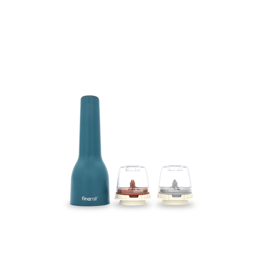 FINAMILL Rechargeable Grinder in Ocean Blue with two interchangeable grinding containers.