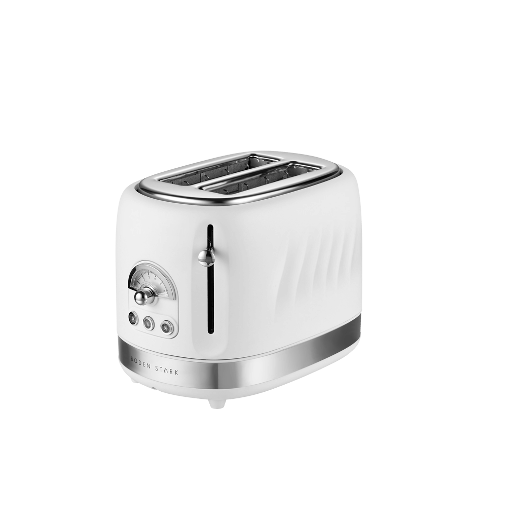 Boden Stark 2 Slice Stainless Steel Toaster in White, stylish kitchen appliance for perfect toast every time.