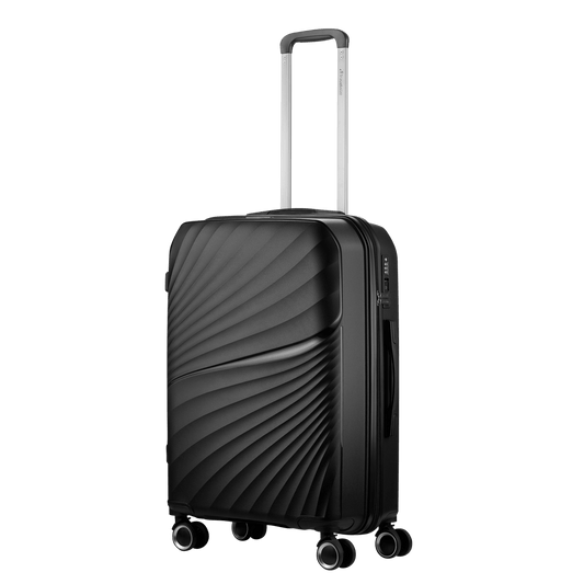 Travelwize Quartz 66cm black spinner luggage with four wheels, showcasing a sleek design and sturdy handle for travel.