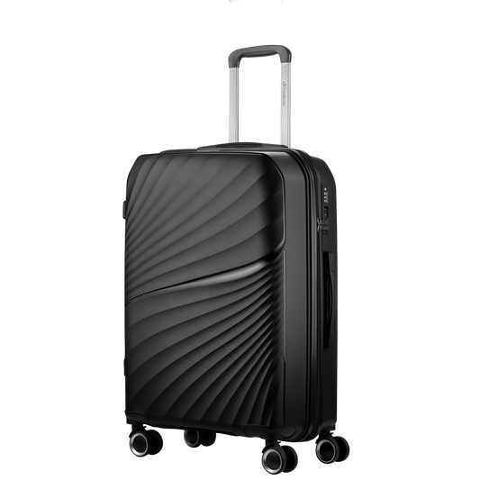 Travelwize Quartz PP 76cm black 4-wheel spinner luggage with textured design, ideal for stylish travel.