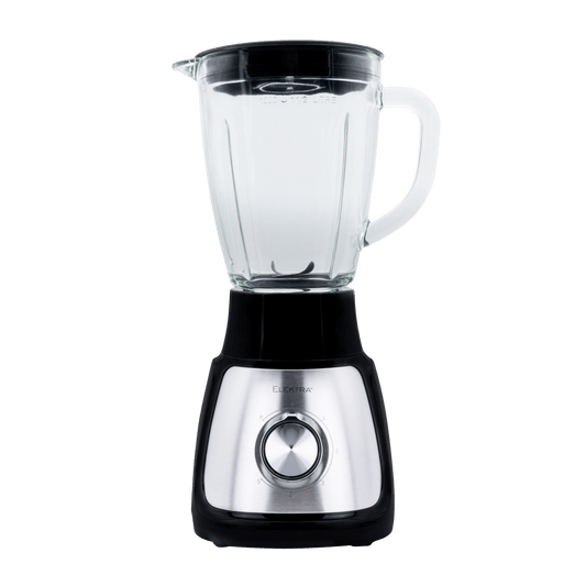 ELEKTRA 500W 1.5L glass jug blender with sleek design and metal base, perfect for smoothies and soups.