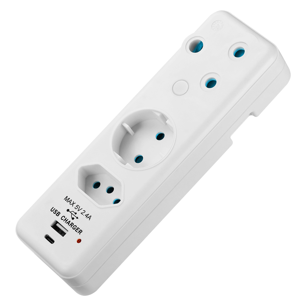 Ellies 3 Way Schuko Adaptor with type C + USB- White