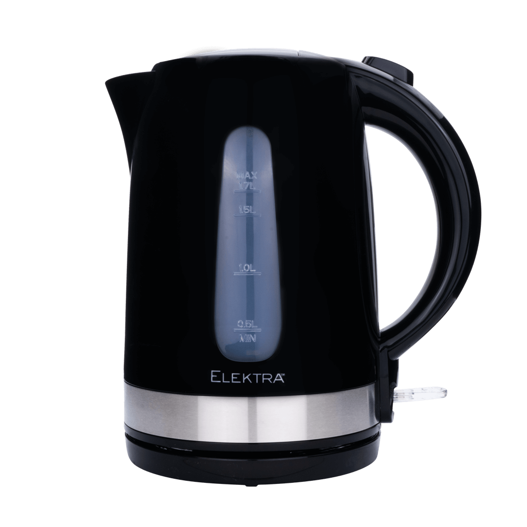 ELEKTRA 1.7L Plastic Kettle in black with stainless steel accent, ideal for quick boiling and easy handling.