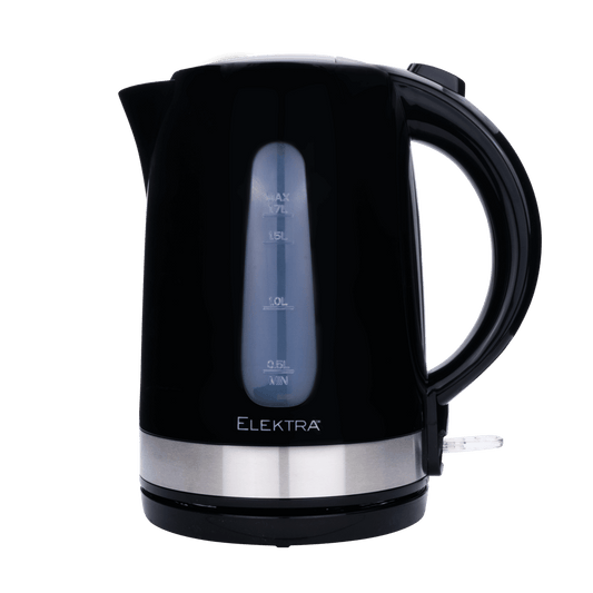 ELEKTRA 1.7L Plastic Kettle in black with stainless steel accent, ideal for quick boiling and easy handling.