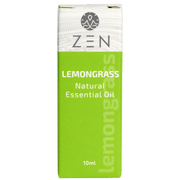 Zen Oil Lemongrass essential oil packaging, 10ml, promotes relaxation and enhances well-being.