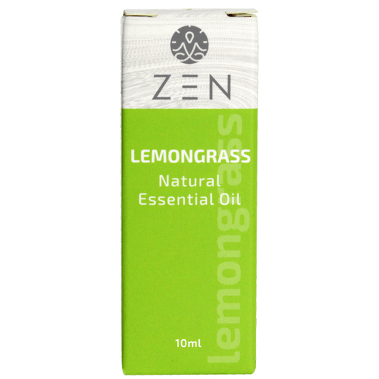 Zen Oil Lemongrass essential oil packaging, 10ml, promotes relaxation and enhances well-being.