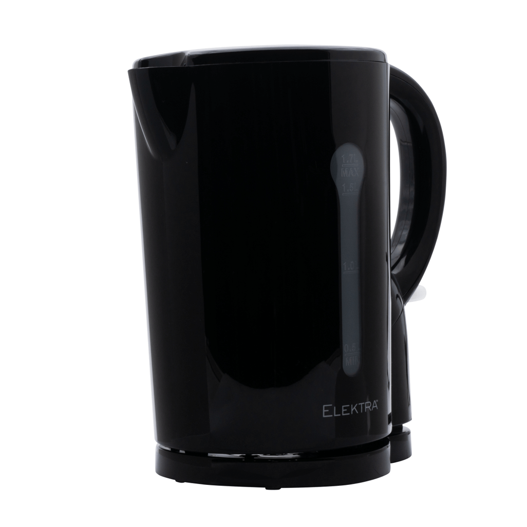 ELEKTRA 1.7L plastic cordless kettle in black with visible water level indicator and sleek design.