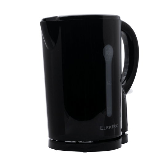 ELEKTRA 1.7L plastic cordless kettle in black with visible water level indicator and sleek design.