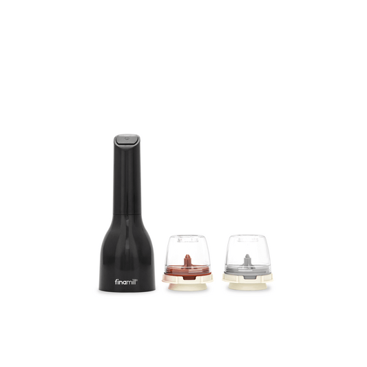 FINAMILL battery-operated grinder in Midnight Black with two interchangeable grinding cups.