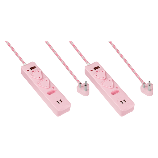2x 3 Way Surge Multiplug with Dual USBs Pink-3M