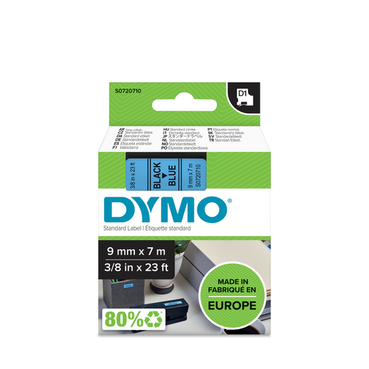 DYMO D1 Labelling Tape -  Removable Polyester - Black on Blue - 9mmx7m