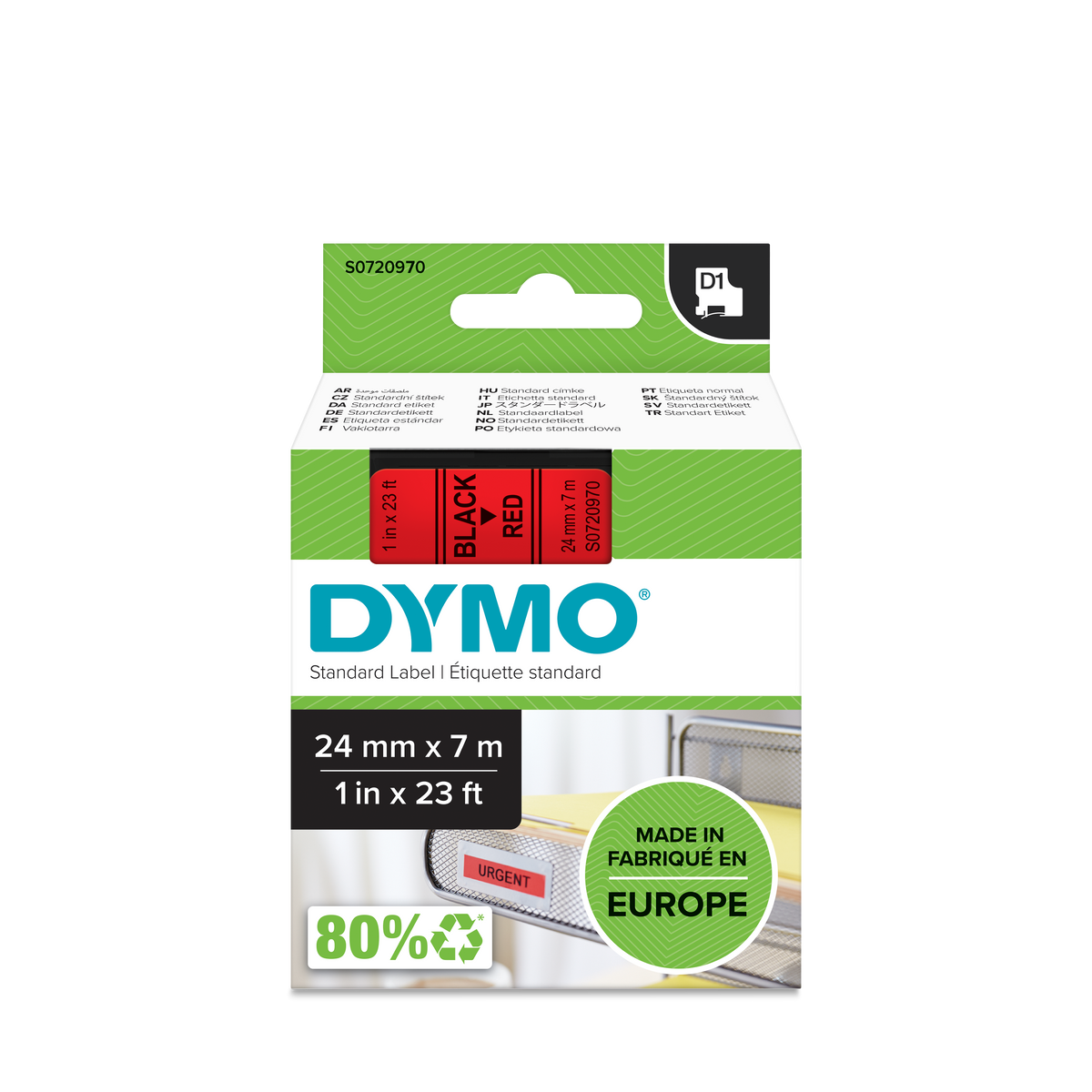 DYMO D1 Labelling Tape -  Removable Polyester - Black on Red 24mmx7m