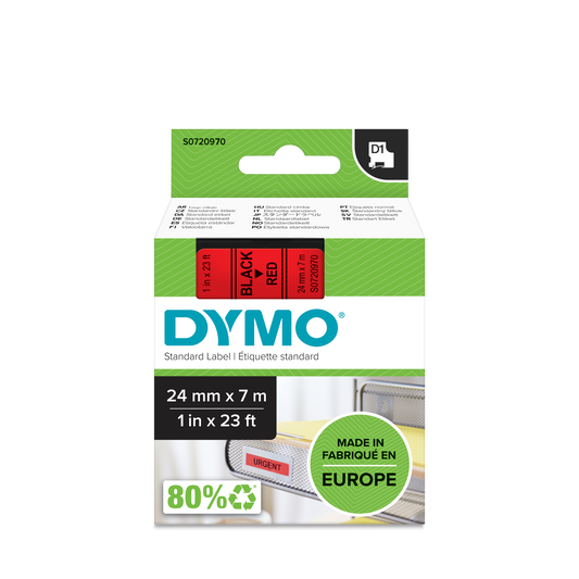 DYMO D1 Labelling Tape -  Removable Polyester - Black on Red 24mmx7m
