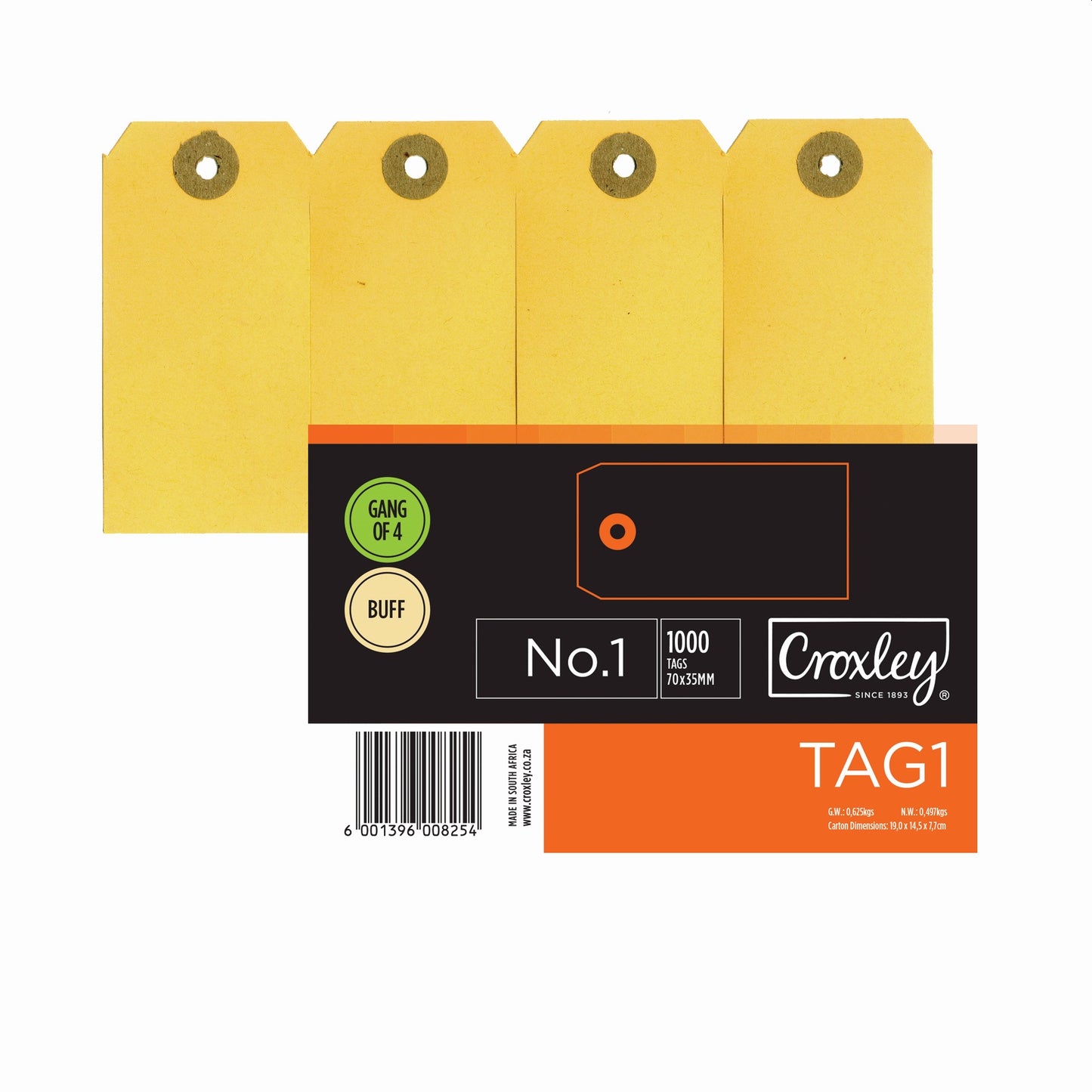 CROXLEY JD1  Buff Manilla Tags Gangs of 4 - No.1 - 70X35 (Box of 1000)