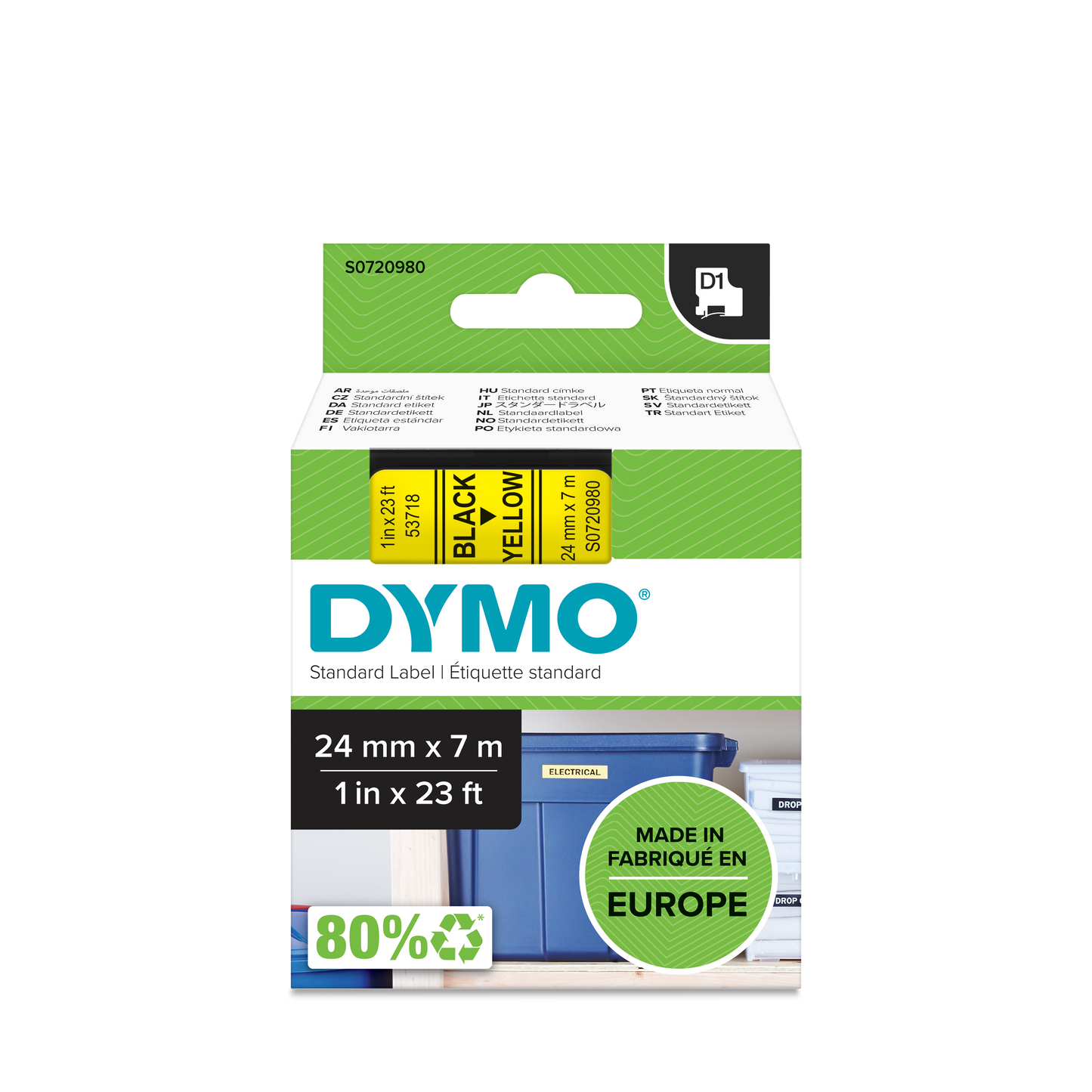 DYMO D1 Labelling Tape -  Removable Polyester - Black on Yellow - 24mmx7m