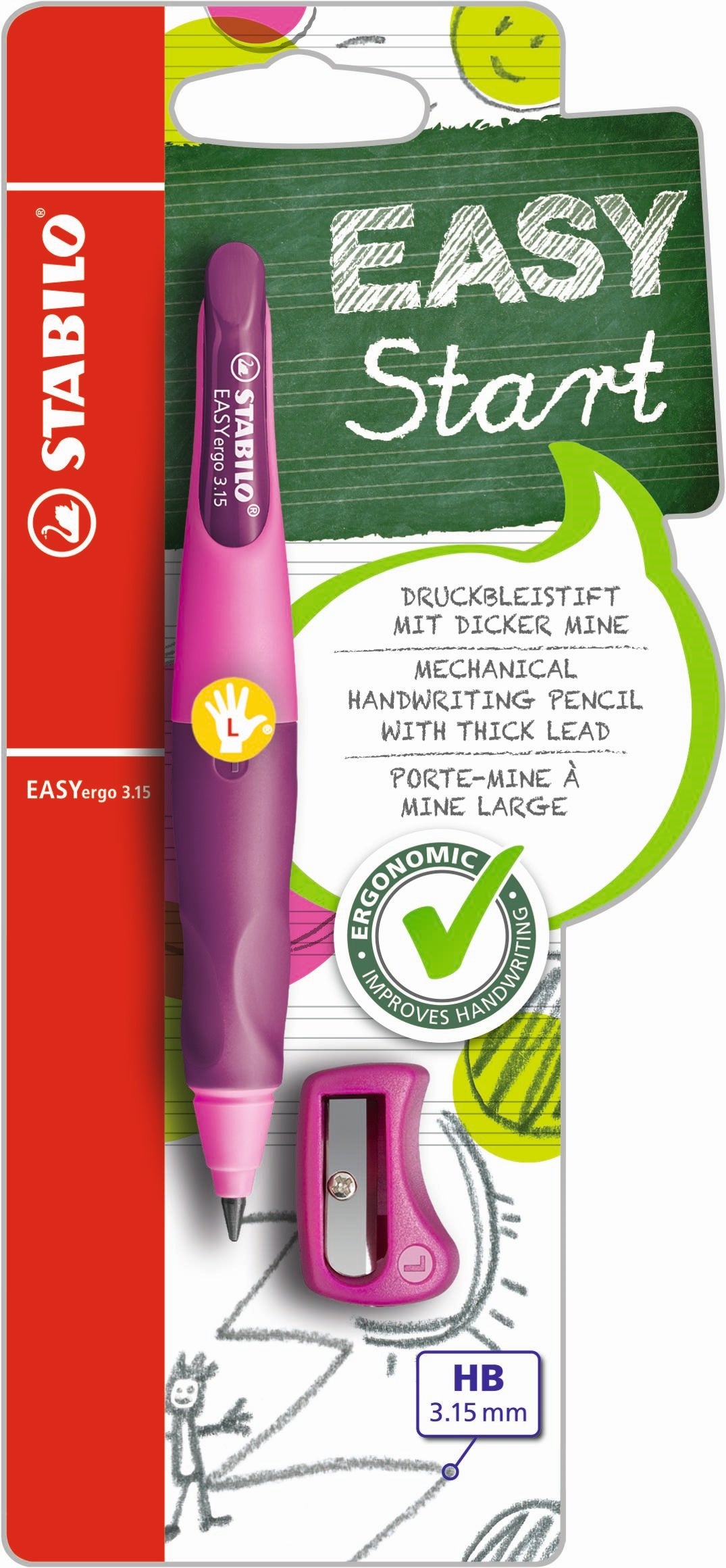 STABILO EASYergo 3.15 Ergonomic Mechanical HB Pencil & Sharpener - Left-handers:  Pink/Lilac Card 1's