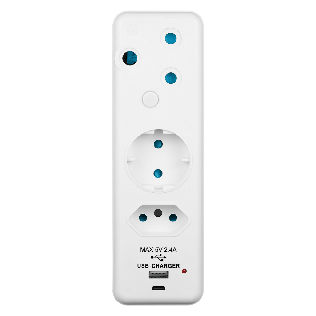Ellies 3 Way Schuko Adaptor with type C + USB- White