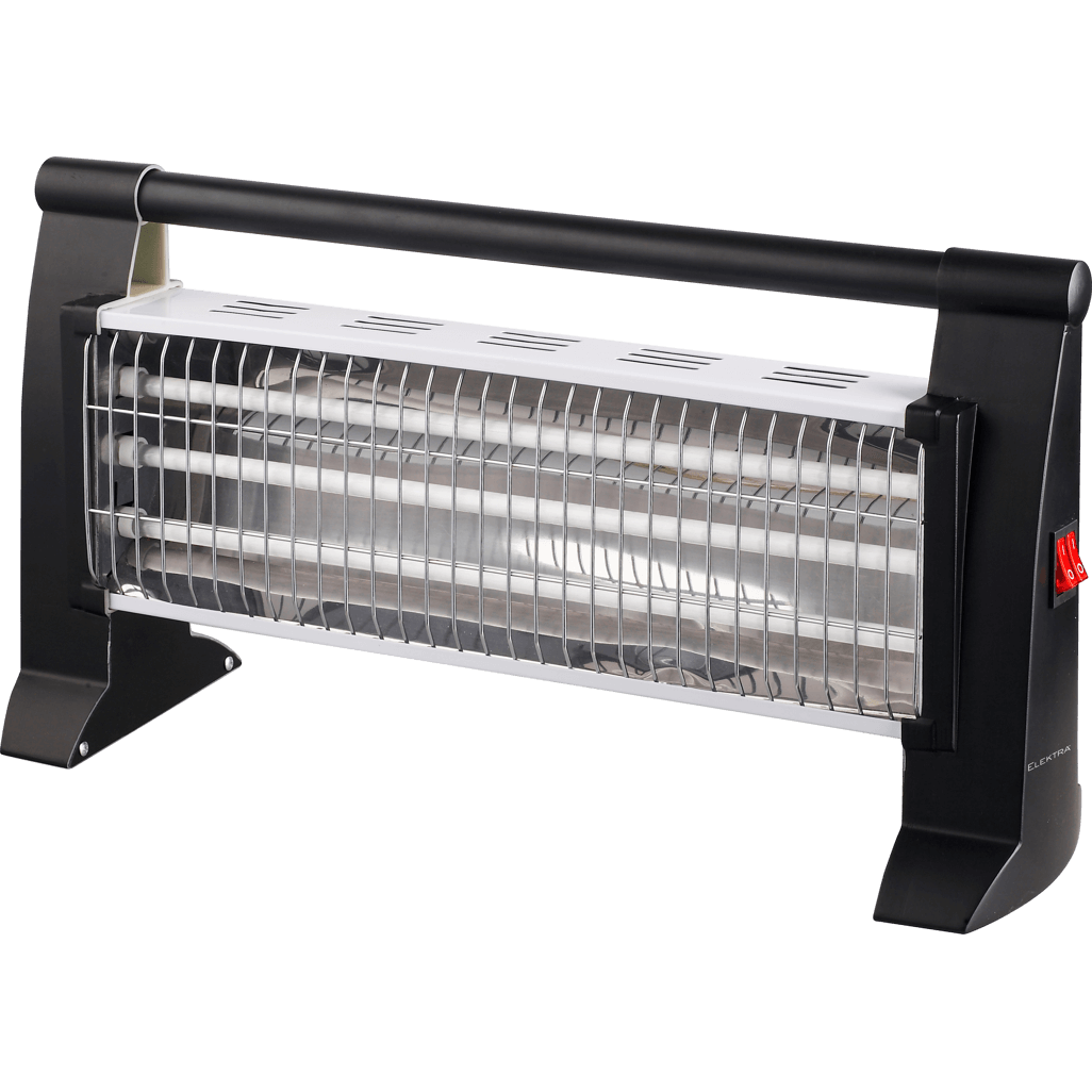 Elektra 3 Bar Heater with safety tip-over switch and carry handle, designed for compact and portable use in small spaces.