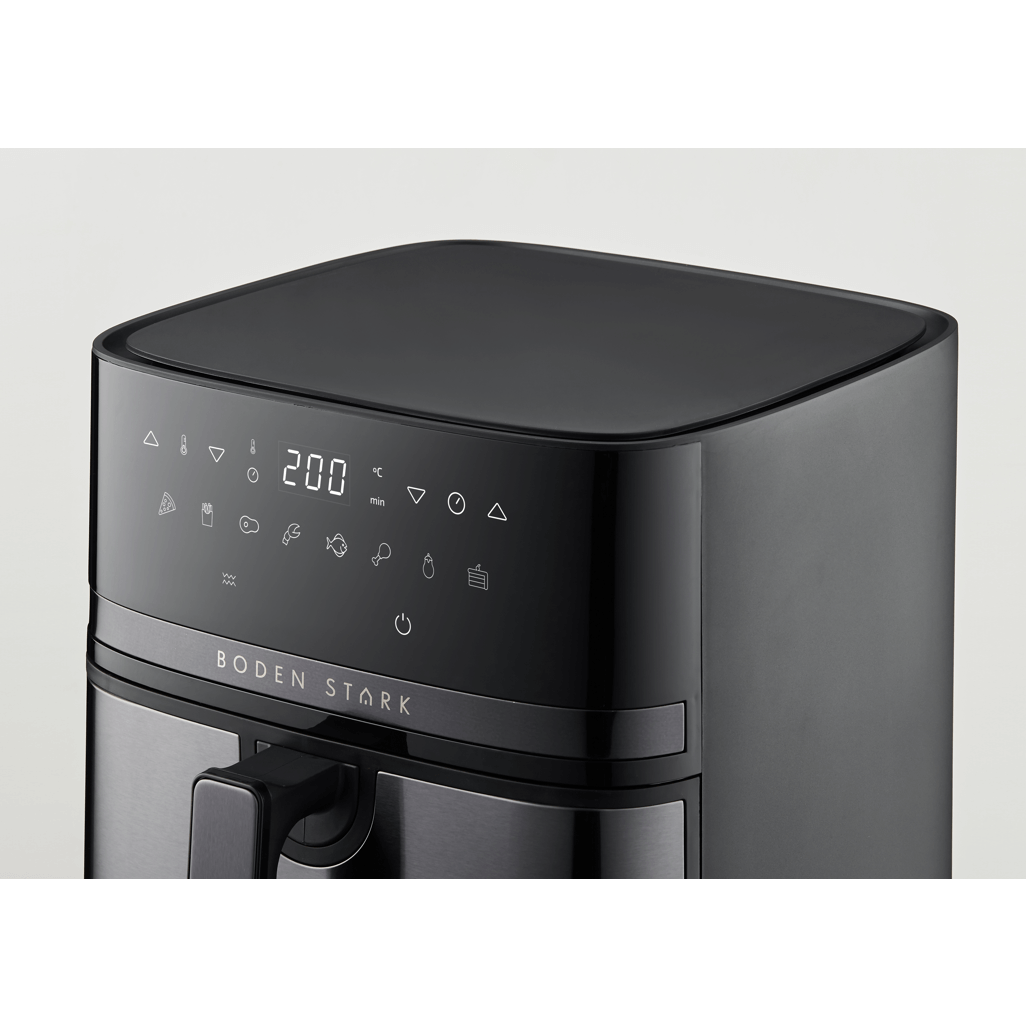 Boden Stark 8.0L Digital Air Fryer control panel showing temperature at 200 degrees Celsius.