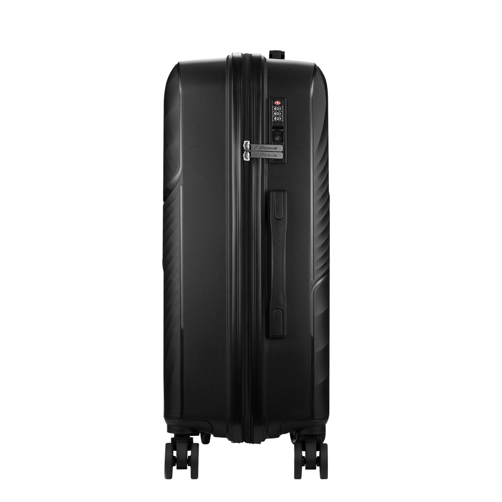 Travelwize Quartz PP 76cm 4-wheels black spinner luggage side view with lock and handle.