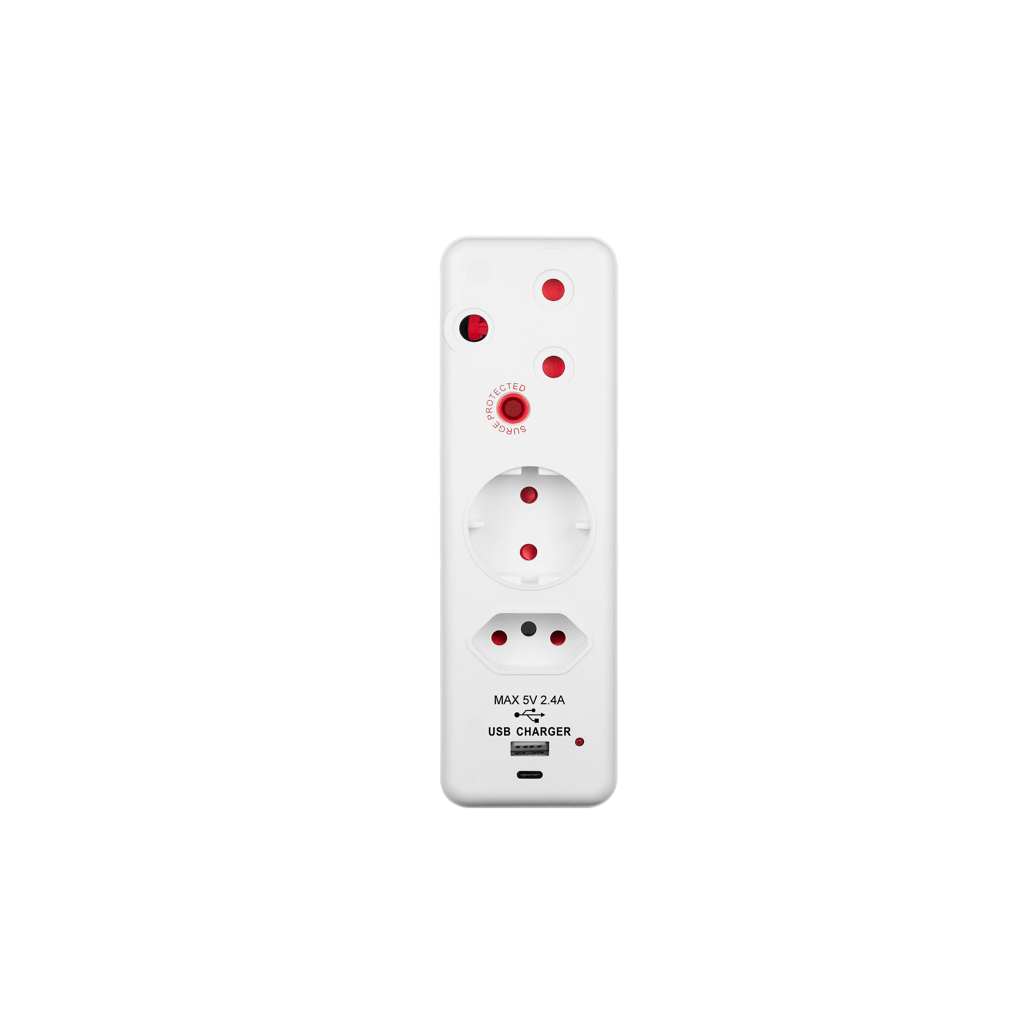 Ellies 3 Way Medium Surge adaptor Schuko,with type C + USB