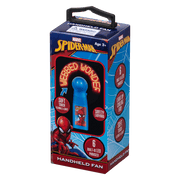 Spider-Man Handheld Fan featuring soft touch design, safety lanyard, and 6 built-in LED phrases, perfect for fans aged 3 and up.