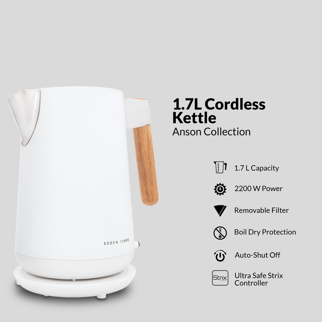 Boden Stark Anson Collection 1.7L cordless kettle in white with wooden handle, 2200W power, and safety features.