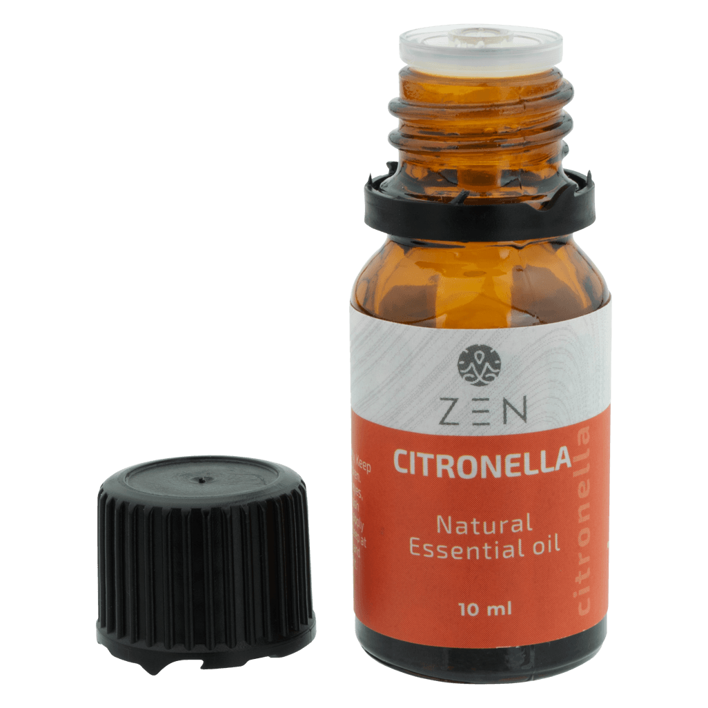 Zen Oil Citronella essential oil bottle, 10 ml, with a black cap, perfect for natural wellness and aromatherapy.