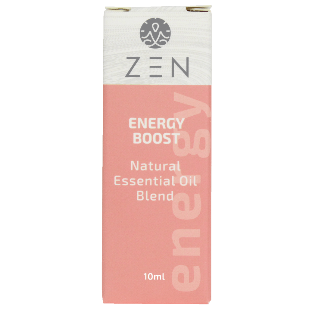 Zen Oil Energy Boost essential oil blend box, promoting relaxation and stress relief, 10ml.