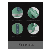ELEKTRA 2200W green kettle features: 360° cordless base, handle lid release, water level and LED indicators.