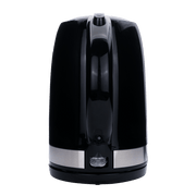 ELEKTRA 1.7L black plastic kettle with stainless steel accents, 360° cordless base for easy use.