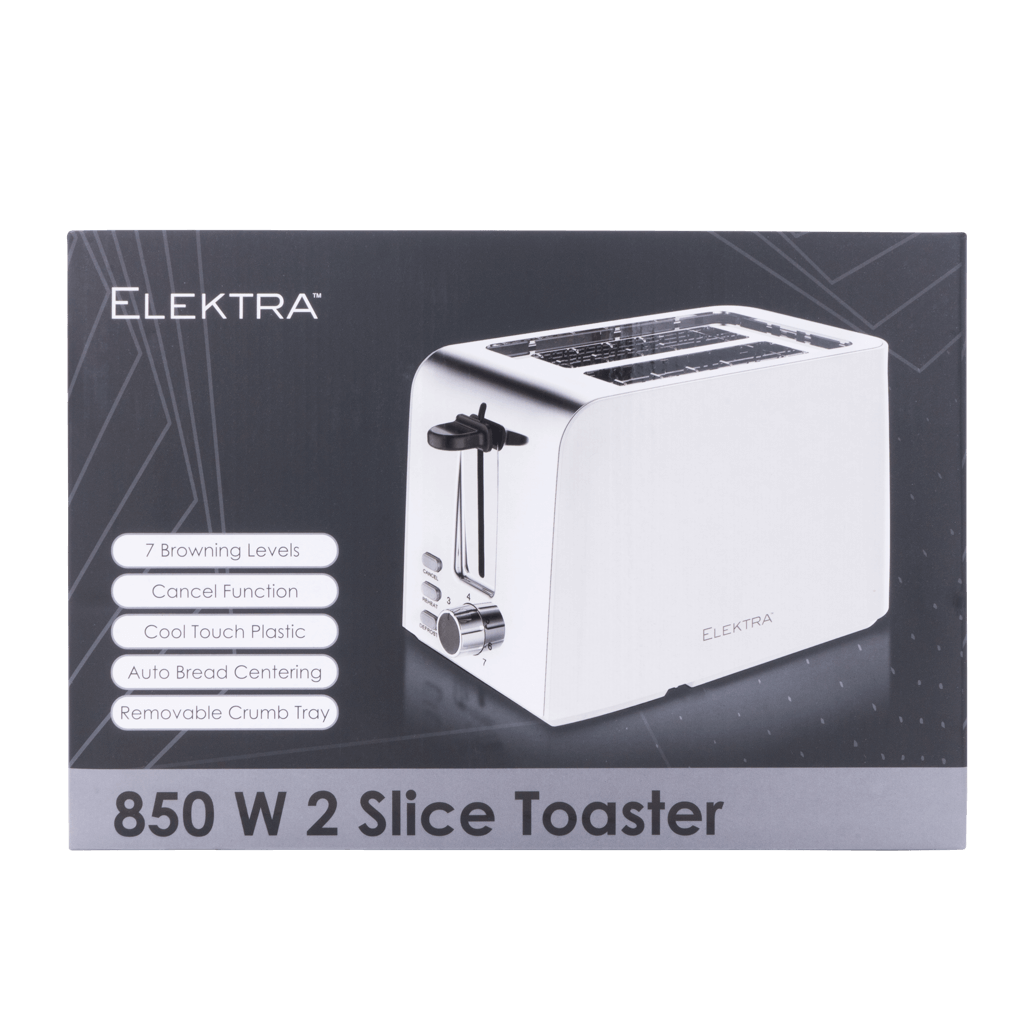 Elektra 850W 2 slice toaster in sleek white design with 7 browning levels and removable crumb tray.