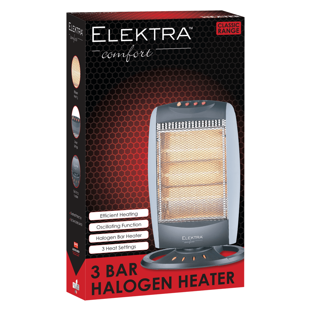 Elektra 3 Bar Halogen Heater box featuring efficient heating, oscillating function, and three heat settings.
