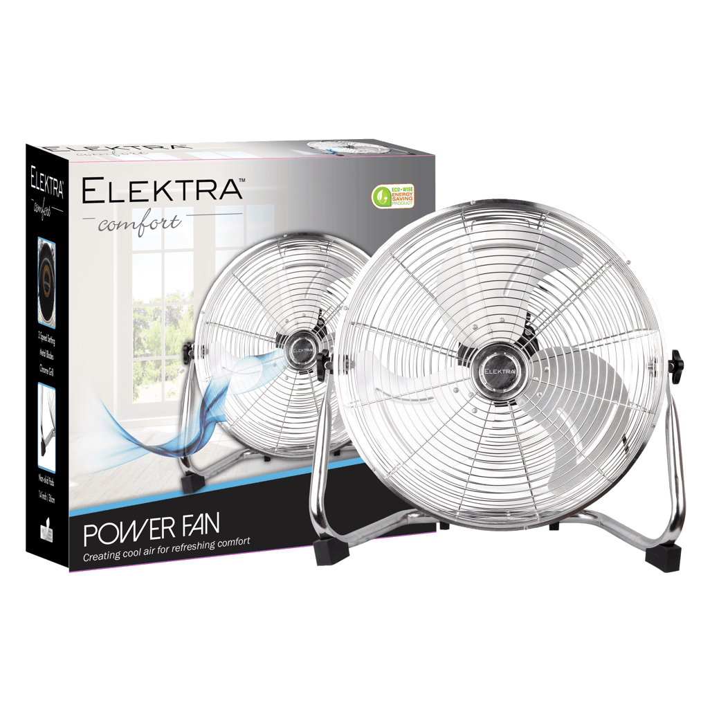 ELEKTRA POWER FAN displayed with packaging, designed for creating cool and refreshing air in any space.