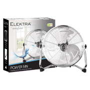 ELEKTRA POWER FAN displayed with packaging, designed for creating cool and refreshing air in any space.
