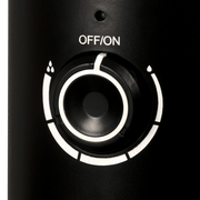 Close-up of the control dial on the BODEN STARK 3-in-1 fan humidifier, showing ON/OFF and mist settings.