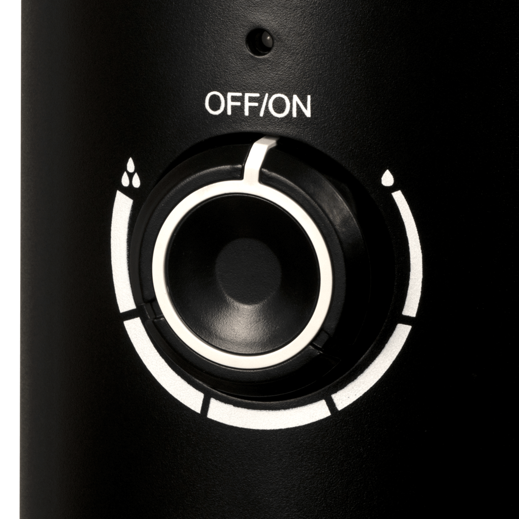 Close-up of the control dial on the BODEN STARK 3-in-1 fan humidifier, showing ON/OFF and mist settings.