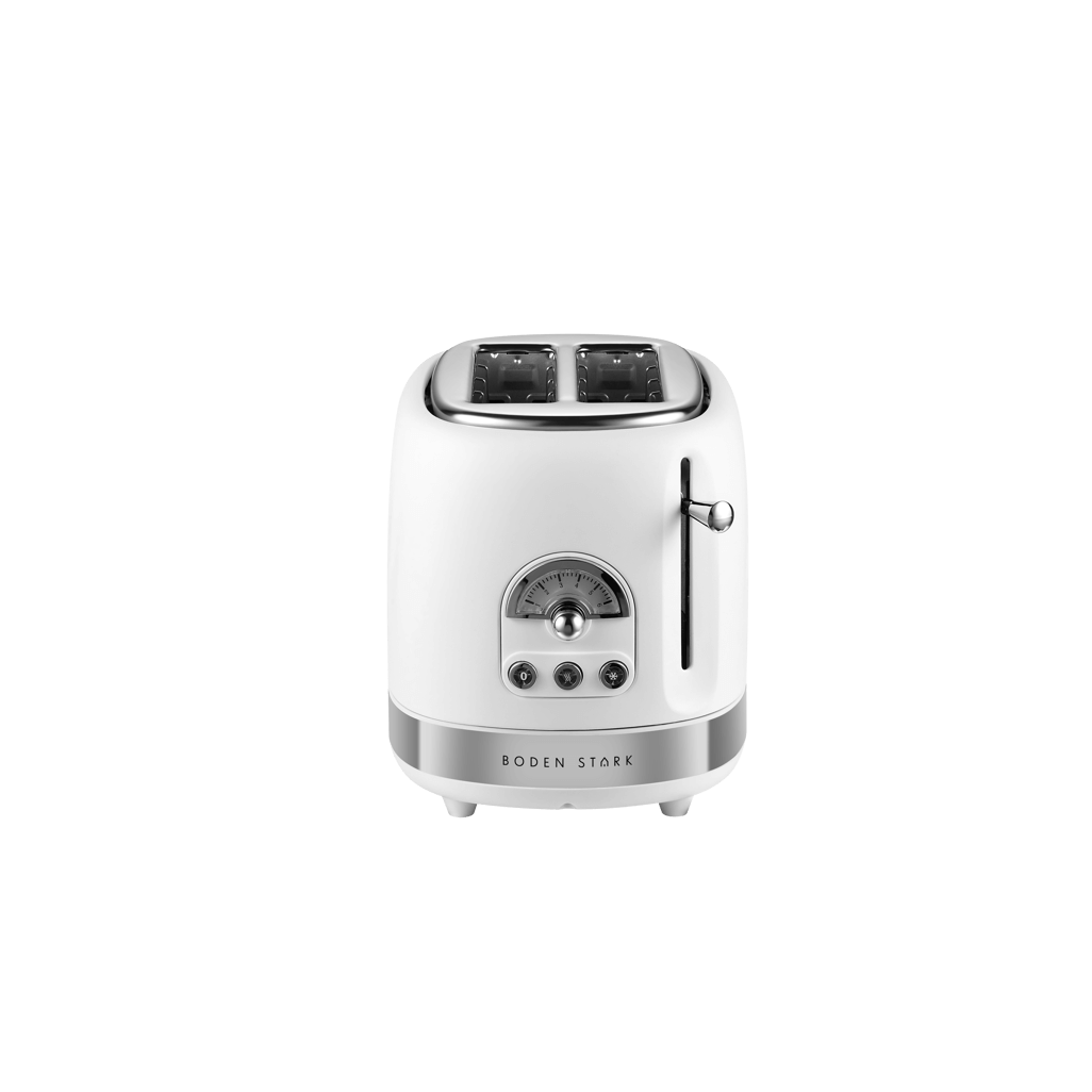 Boden Stark 2 Slice Stainless Steel Toaster in white with adjustable settings and polished finish.