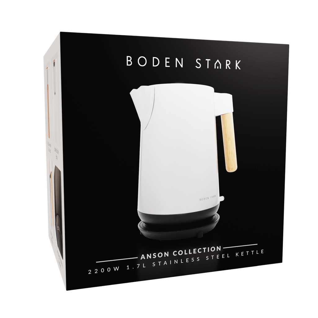 Boden Stark Anson Collection 1.7L 2200W stainless steel kettle packaging with natural wood handle.