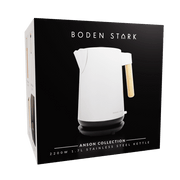 Boden Stark Anson Collection 1.7L 2200W stainless steel kettle packaging with natural wood handle.