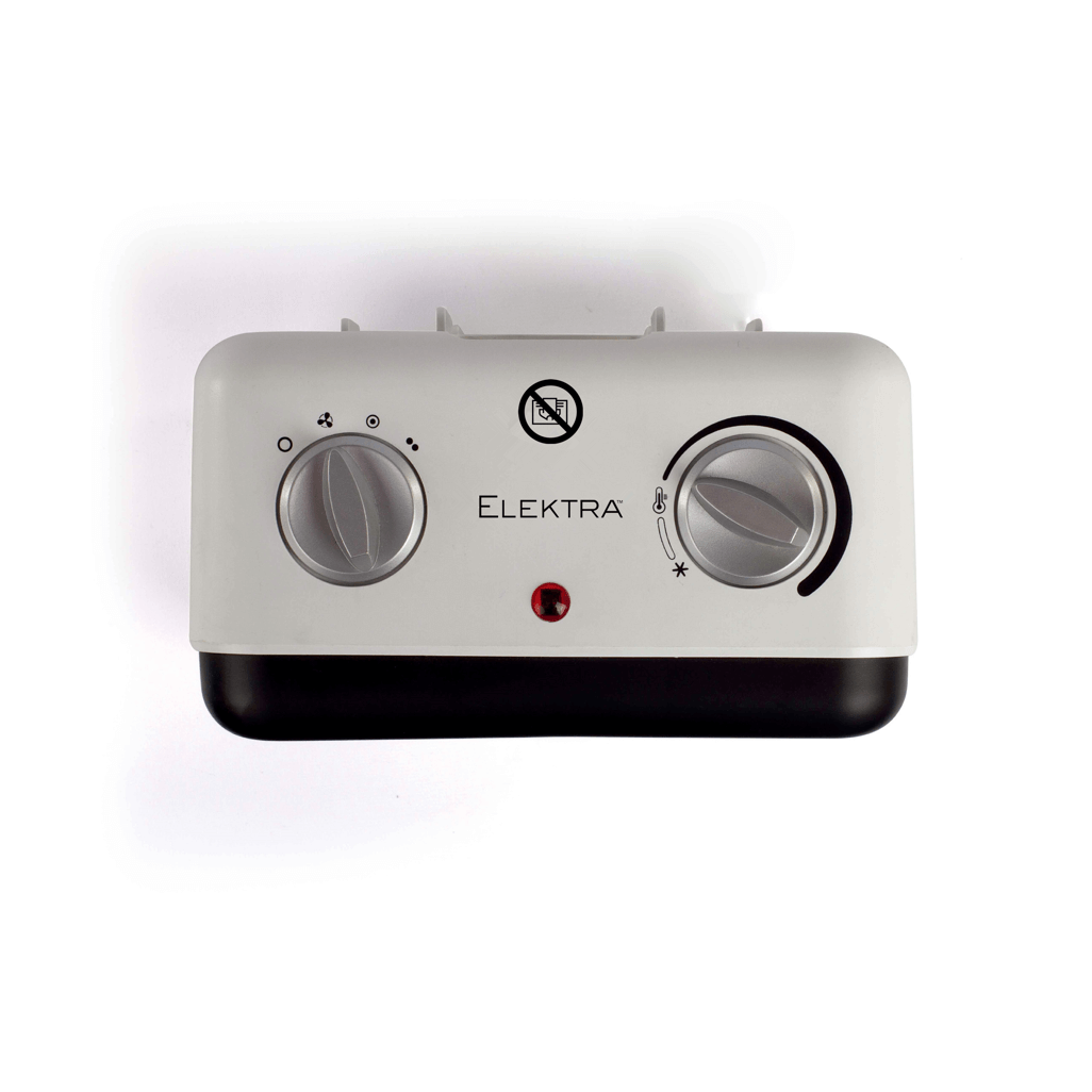 Elektra Square Fan Heater control panel with adjustable thermostat and power indicator light.