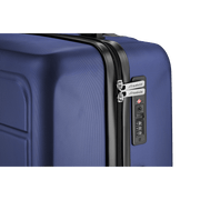 Close-up of Travelwize Maple ABS 65cm navy luggage zipper and lock mechanism.
