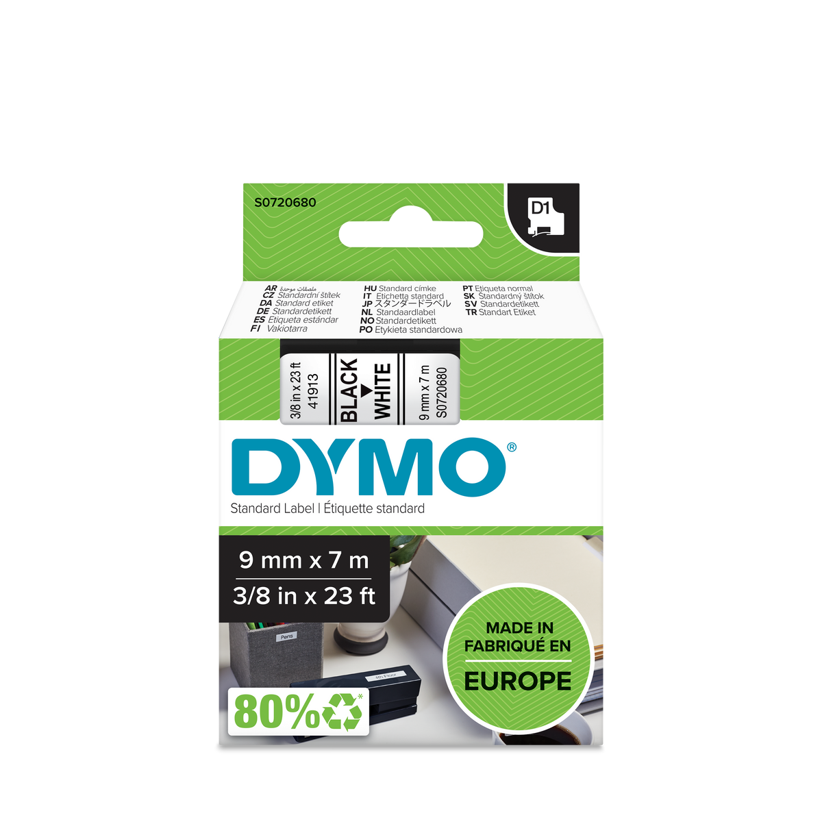 DYMO D1 Labelling Tape -  Removable Polyester - Black on White - 9mmx7m
