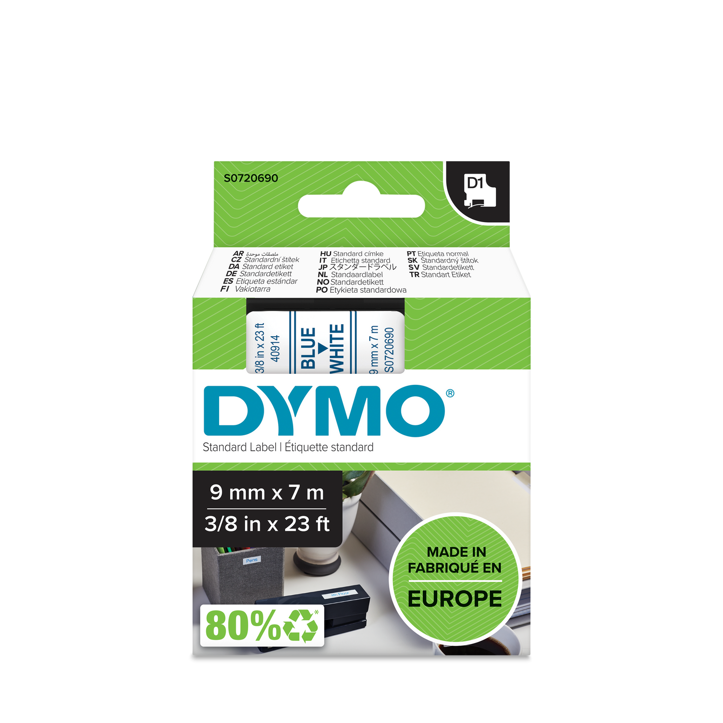 DYMO D1 Labelling Tape -  Removable Polyester - Blue on White - 9mmx7m