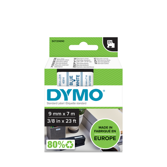DYMO D1 Labelling Tape -  Removable Polyester - Blue on White - 9mmx7m
